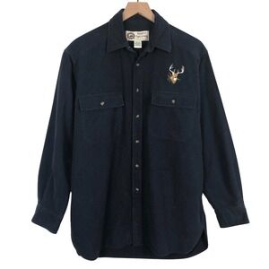 VTG Basic Options 100%‎ Cotton Flannel Chamois Deer Embroidered Shirt Sz M Navy